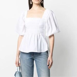 P.A.R.O.S.H Shirred White Puff Sleeve Cotton Blouse | S